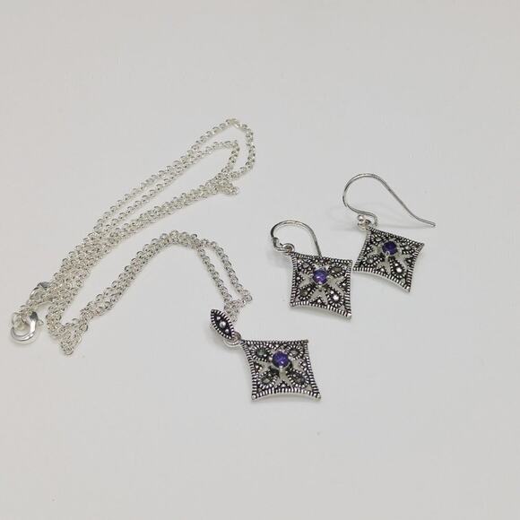 Marcasite Silver Plate Purple Rhinestone Necklace & Earrings, Made in Thailand - Picture 6 of 11